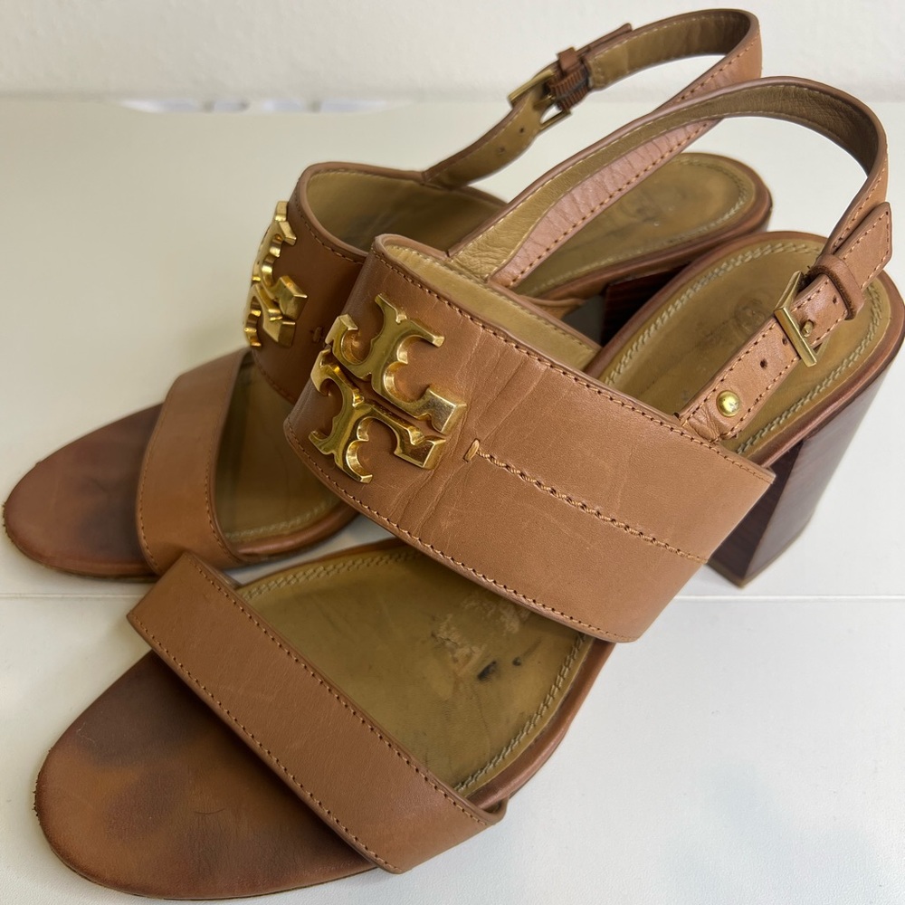 Tory Burch Brown Leather Heels with Gold Details